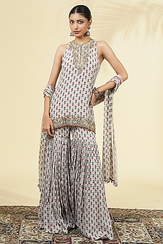 Grey Crepe Silk Gharara Set by Arpita Mehta