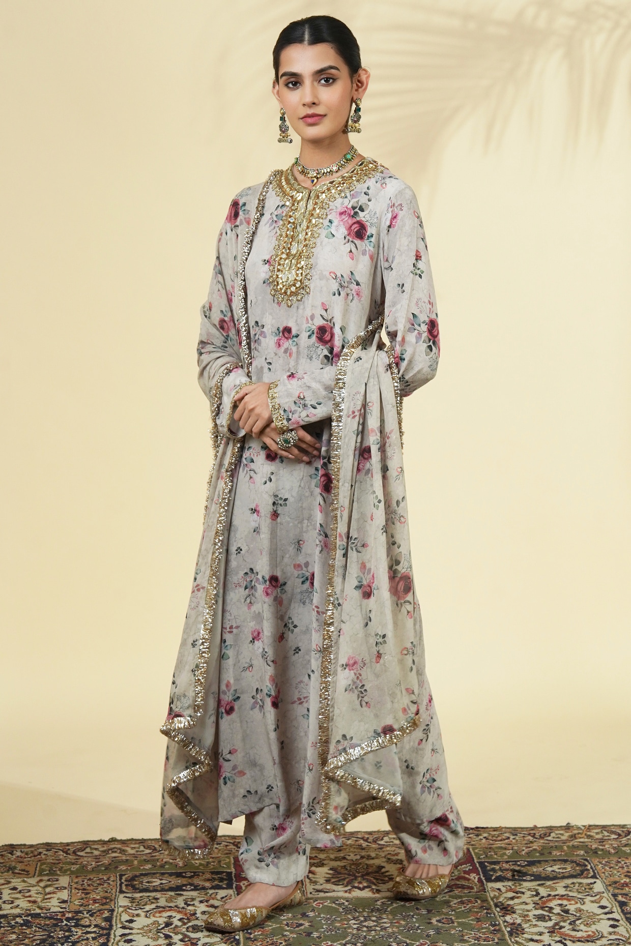 Arpita Mehta Grey Crepe Silk Rose Printed Kurta Set