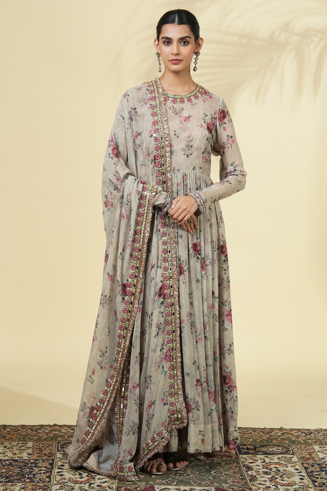 Arpita Mehta Grey Georgette Printed & Embroidered Anarkali Set