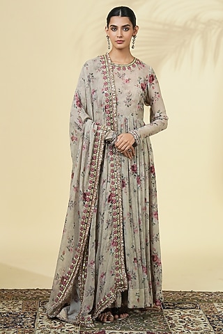 Grey Georgette Printed & Embroidered Anarkali Set by Arpita Mehta