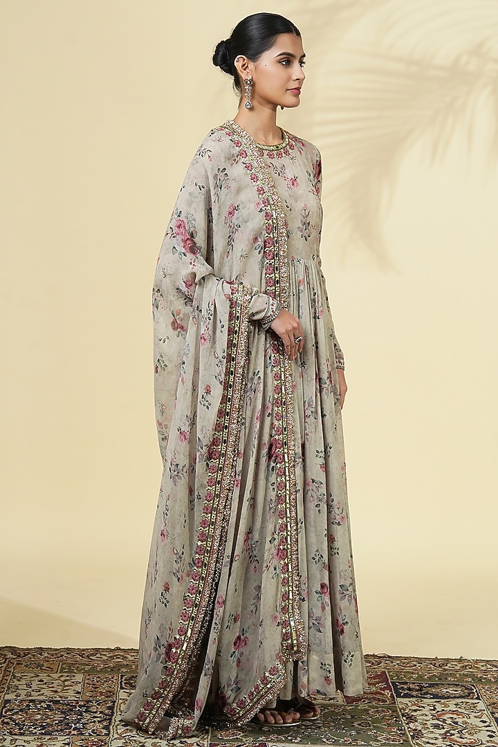 Grey Georgette Printed & Embroidered Bridal Anarkali Set by Arpita Mehta at Pernia's Pop Up Shop