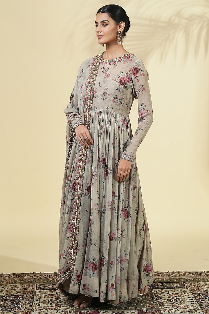 Grey Georgette Printed & Embroidered Bridal Anarkali Set by Arpita Mehta at Pernia's Pop Up Shop
