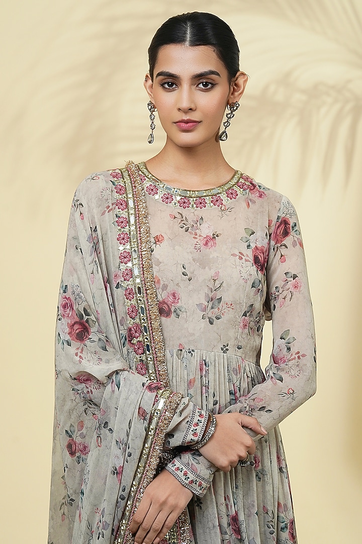 Grey Georgette Printed & Embroidered Bridal Anarkali Set by Arpita Mehta at Pernia's Pop Up Shop