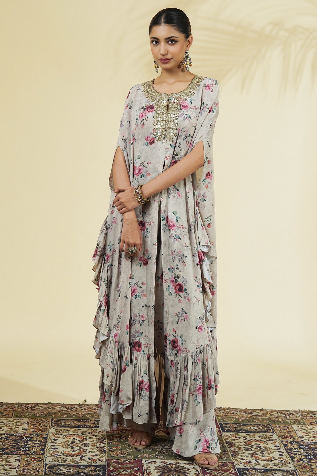 Arpita Mehta Grey Crepe Silk Printed & Embroidered Cape Set