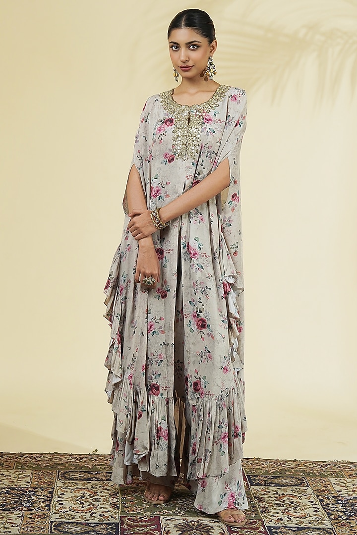 Grey Crepe Silk Printed & Embroidered Cape Set by Arpita Mehta at Pernia's Pop Up Shop