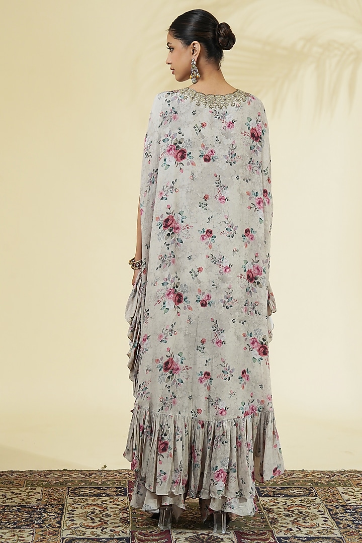 Grey Crepe Silk Printed & Embroidered Cape Set by Arpita Mehta at Pernia's Pop Up Shop