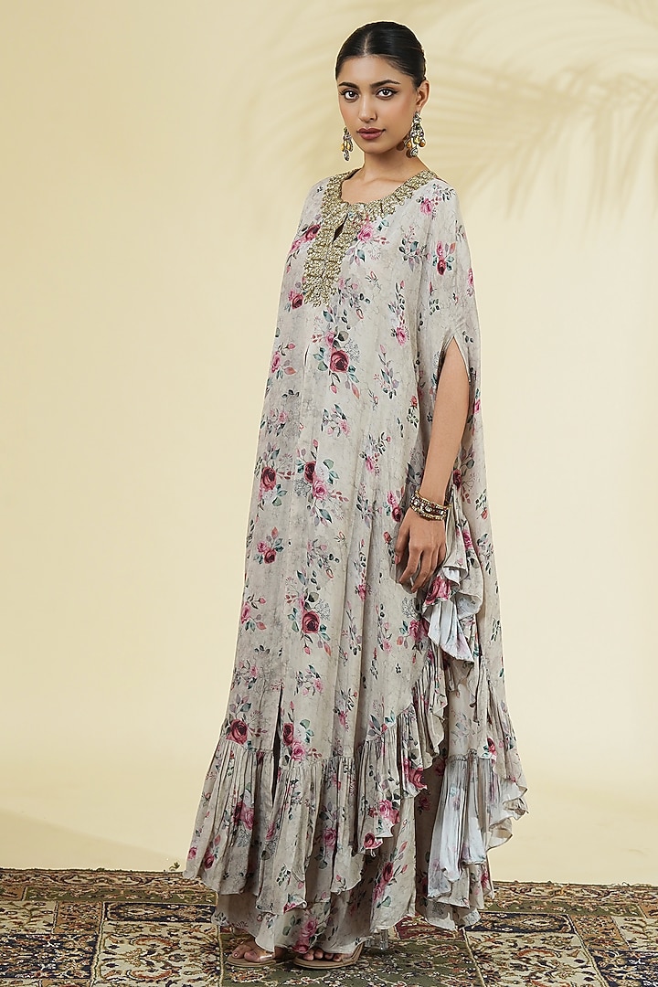 Grey Crepe Silk Printed & Embroidered Cape Set by Arpita Mehta at Pernia's Pop Up Shop