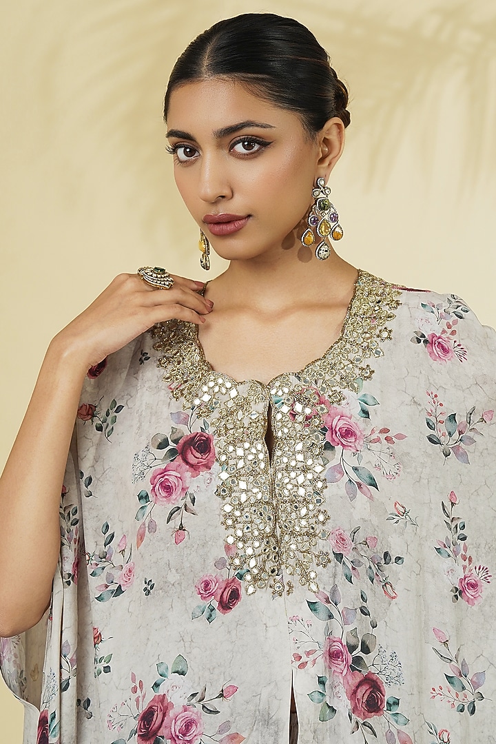 Grey Crepe Silk Printed & Embroidered Cape Set by Arpita Mehta at Pernia's Pop Up Shop