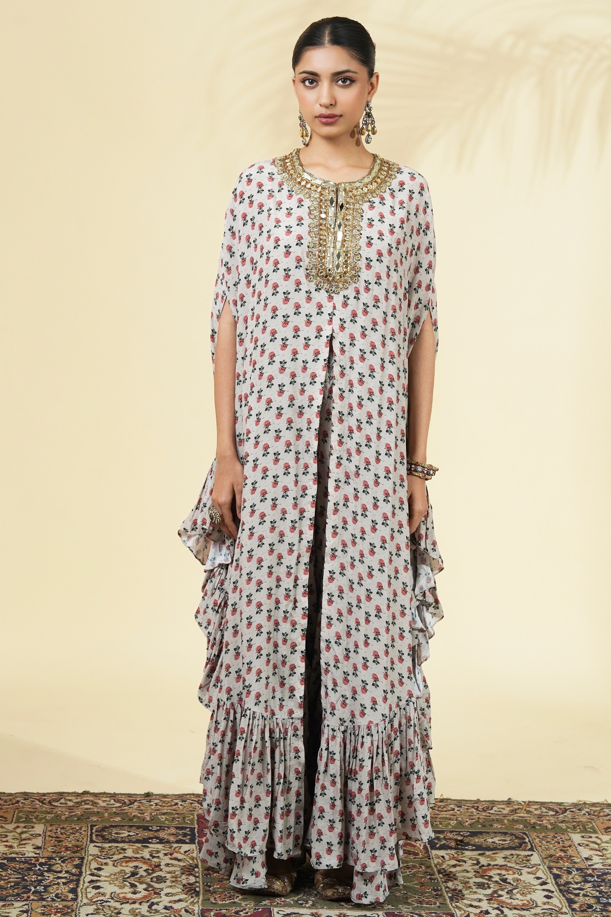 Arpita Mehta Grey Crepe Silk Printed & Embroidered Cape Set