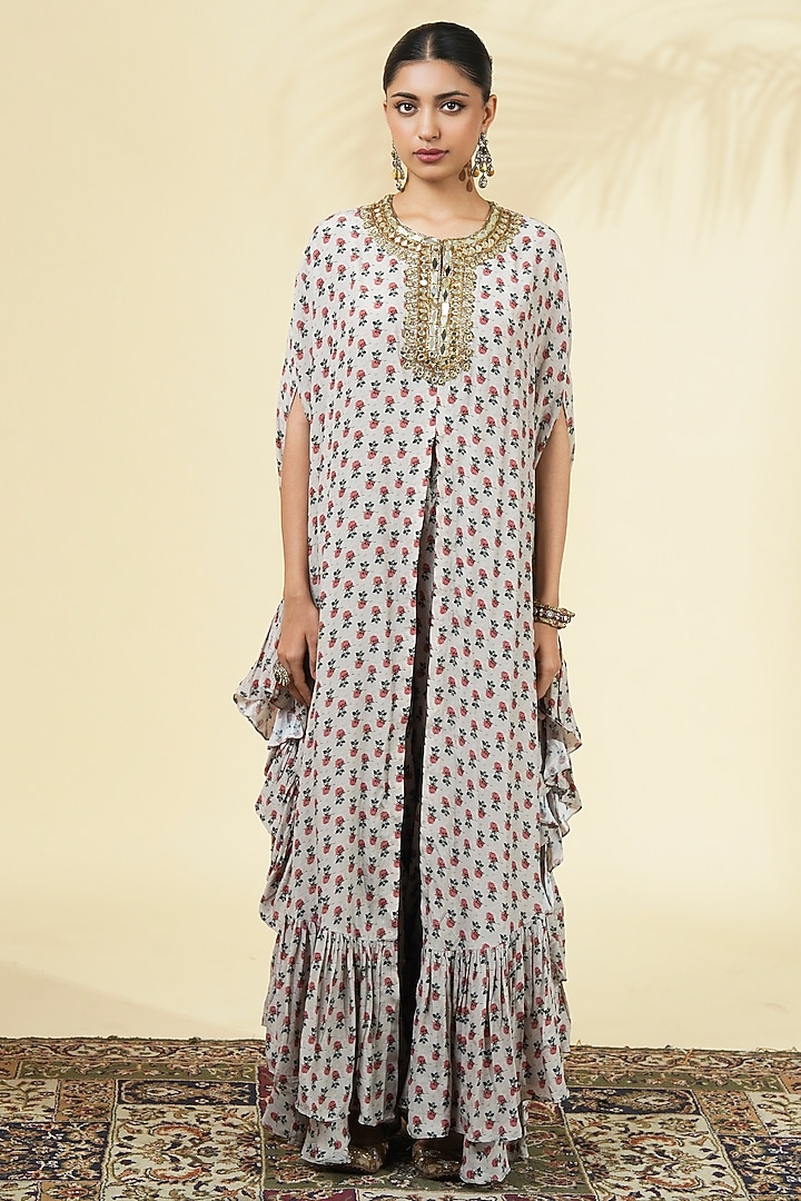 Grey Crepe Silk Printed & Embroidered Cape Set by Arpita Mehta at Pernia's Pop Up Shop