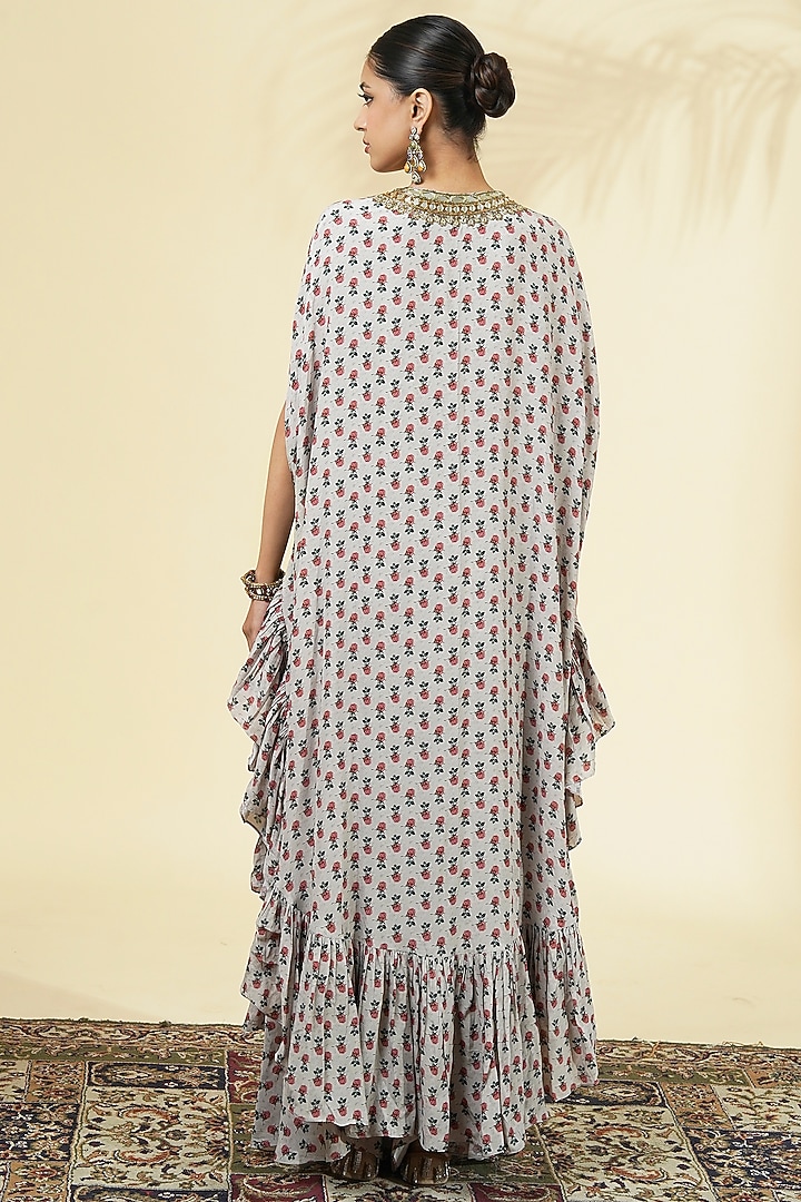 Grey Crepe Silk Printed & Embroidered Cape Set by Arpita Mehta at Pernia's Pop Up Shop