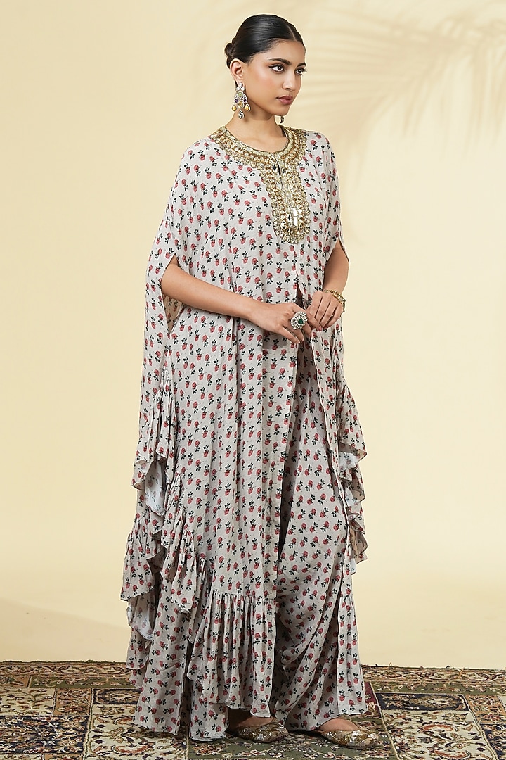 Grey Crepe Silk Printed & Embroidered Cape Set by Arpita Mehta at Pernia's Pop Up Shop