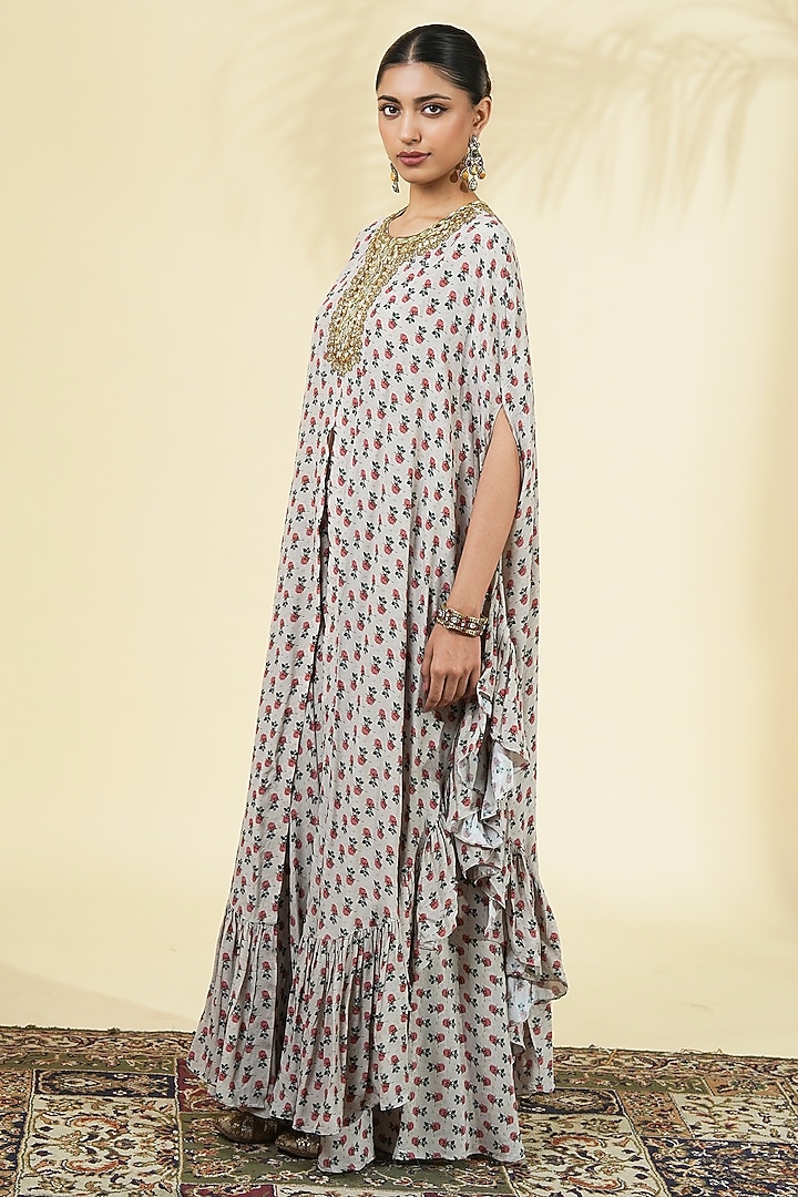 Grey Crepe Silk Printed & Embroidered Cape Set by Arpita Mehta at Pernia's Pop Up Shop