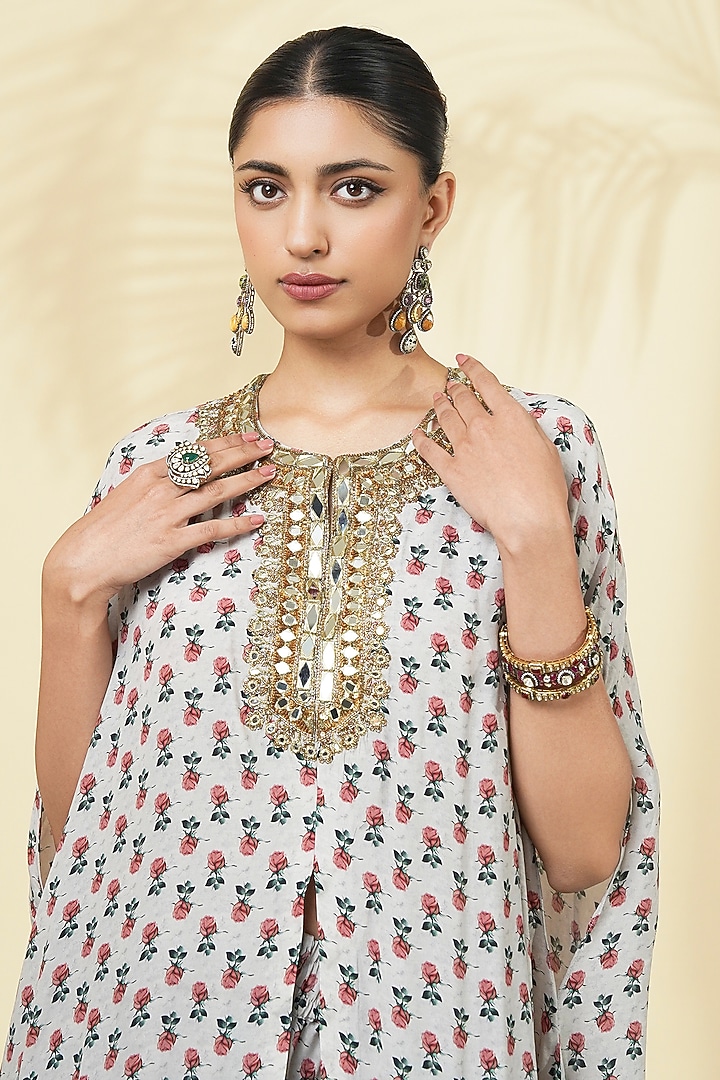 Grey Crepe Silk Printed & Embroidered Cape Set by Arpita Mehta at Pernia's Pop Up Shop