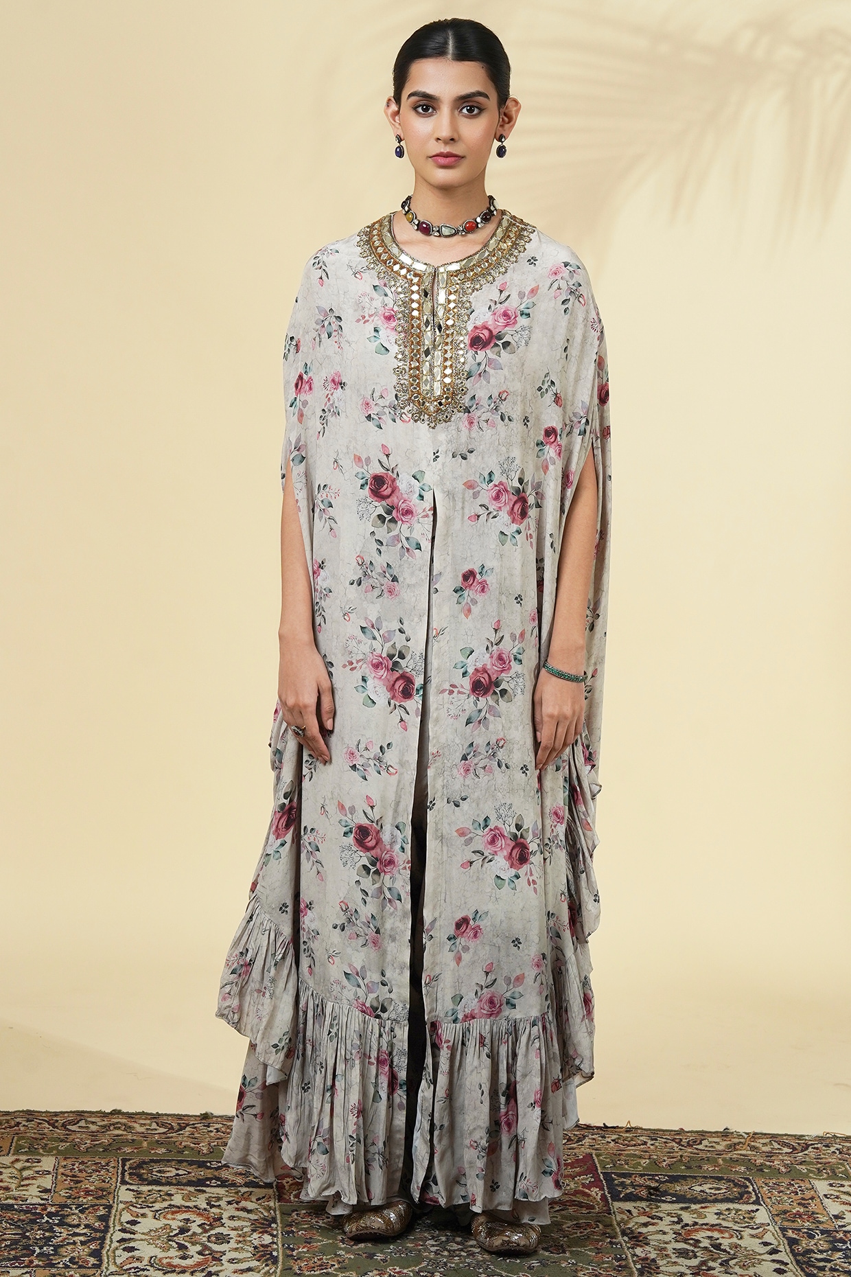 Arpita Mehta Grey Crepe Silk Printed & Embroidered Cape Set