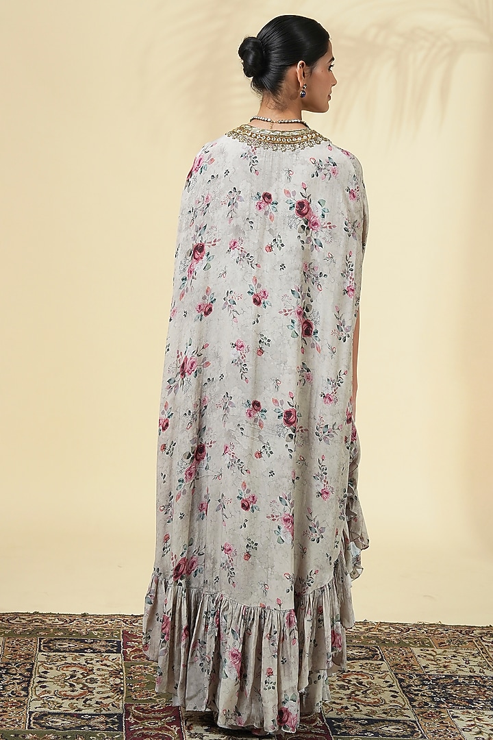 Grey Crepe Silk Printed & Embroidered Cape Set by Arpita Mehta at Pernia's Pop Up Shop