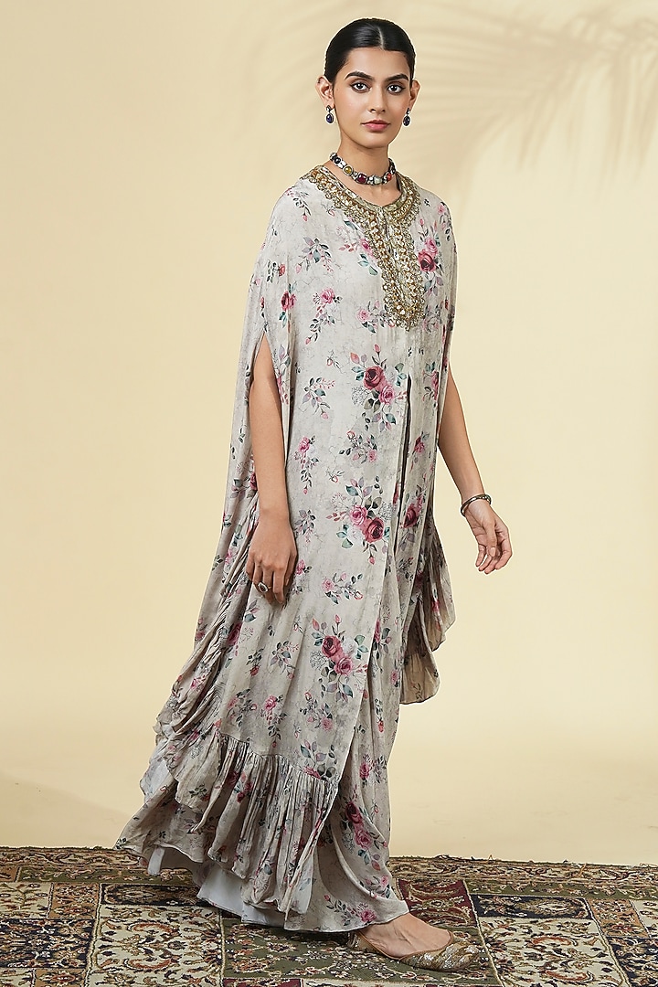 Grey Crepe Silk Printed & Embroidered Cape Set by Arpita Mehta at Pernia's Pop Up Shop