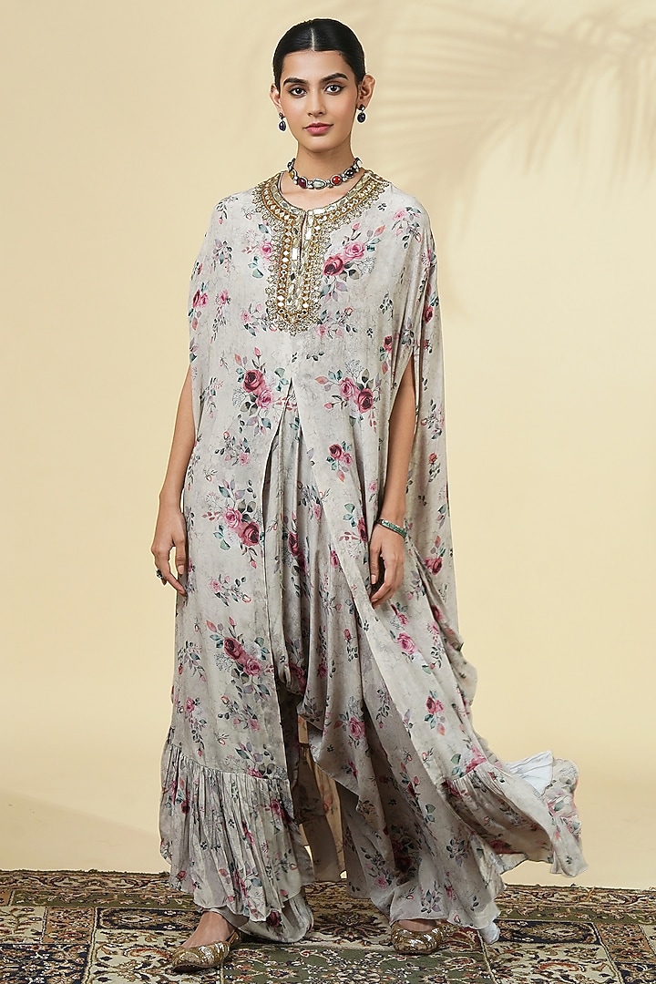 Grey Crepe Silk Printed & Embroidered Cape Set by Arpita Mehta at Pernia's Pop Up Shop