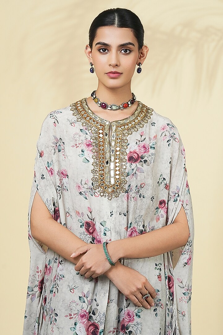 Grey Crepe Silk Printed & Embroidered Cape Set by Arpita Mehta at Pernia's Pop Up Shop