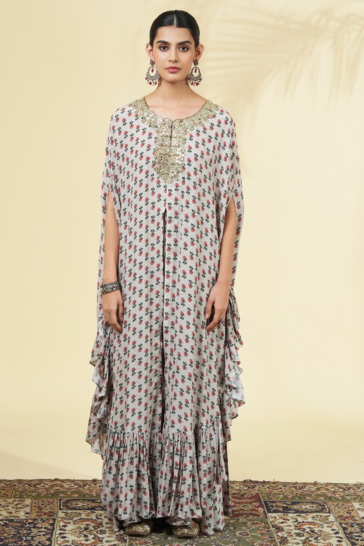 Arpita Mehta Grey Crepe Silk Printed & Embroidered Cape Set
