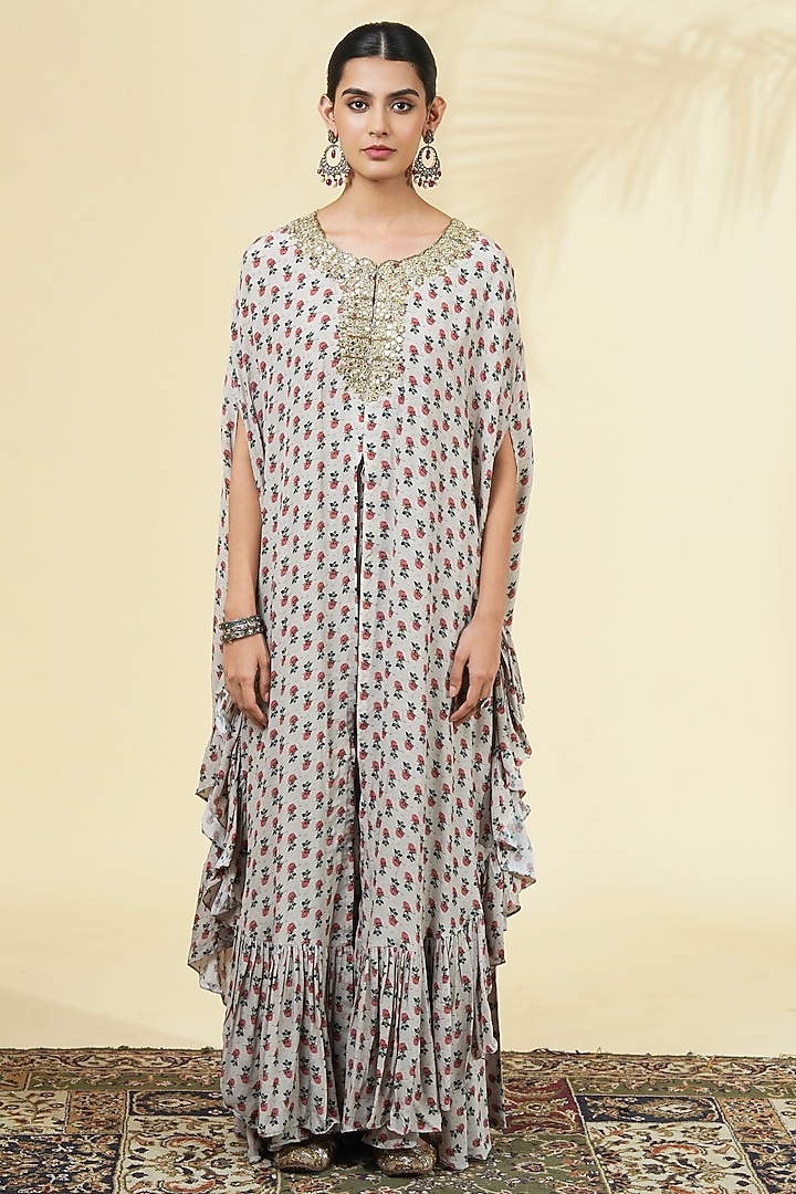 Grey Crepe Silk Printed & Embroidered Cape Set by Arpita Mehta at Pernia's Pop Up Shop