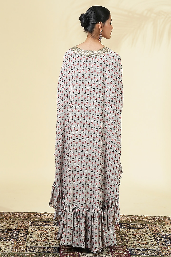 Grey Crepe Silk Printed & Embroidered Cape Set by Arpita Mehta at Pernia's Pop Up Shop