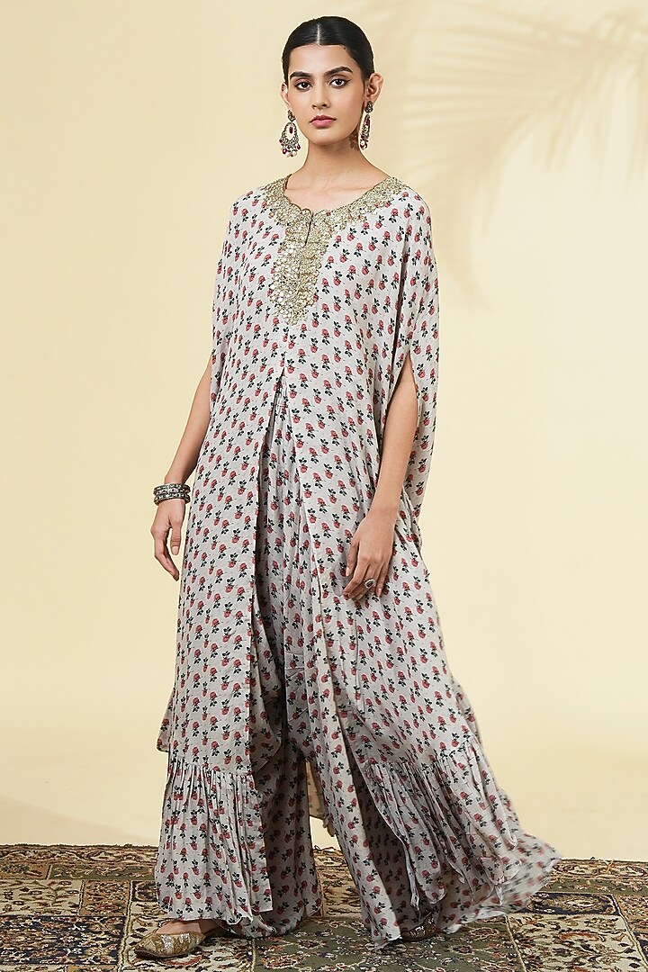 Grey Crepe Silk Printed & Embroidered Cape Set by Arpita Mehta at Pernia's Pop Up Shop