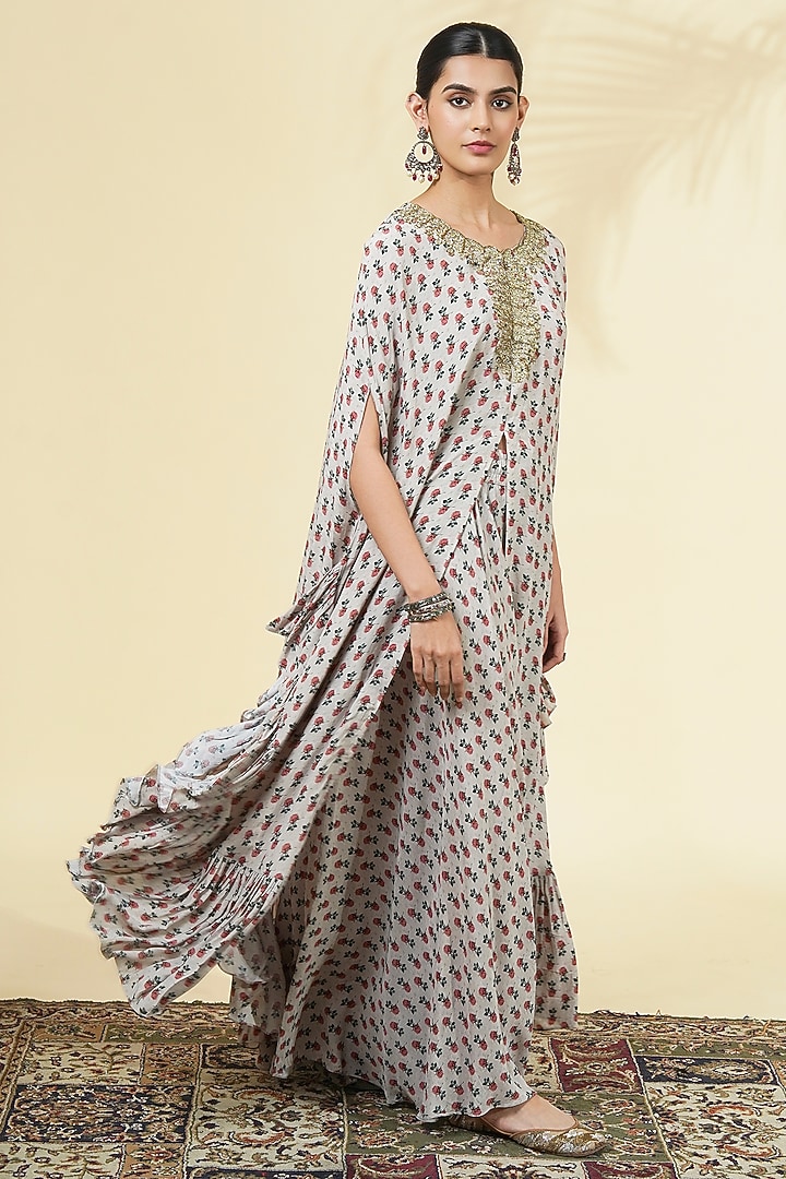 Grey Crepe Silk Printed & Embroidered Cape Set by Arpita Mehta at Pernia's Pop Up Shop
