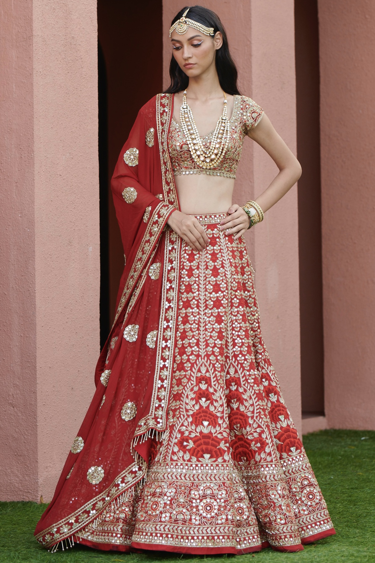 Red Bridal Lehenga Set With Hand Embroidery by Arpita Mehta at Pernia's Pop Up Shop
