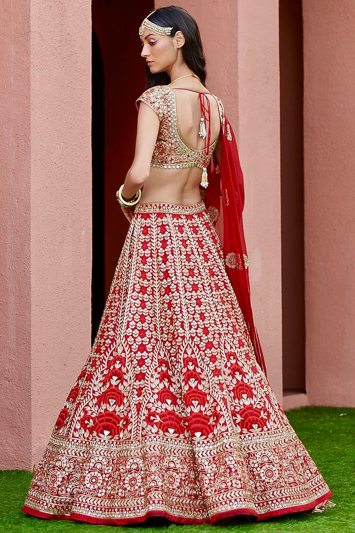 Red Bridal Lehenga Set With Hand Embroidery by Arpita Mehta at