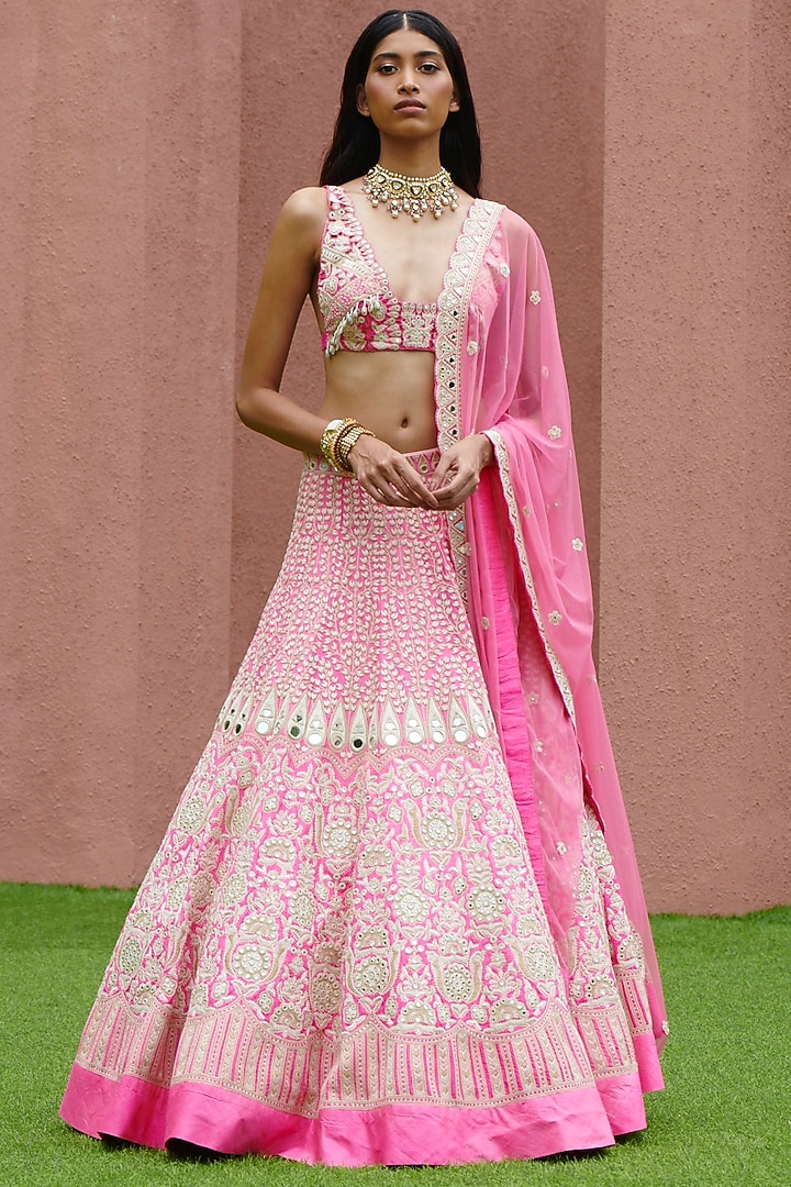 Raspberry Pink & Cream Hand Embroidered Bridal Lehenga Set by Arpita Mehta at Pernia's Pop Up Shop