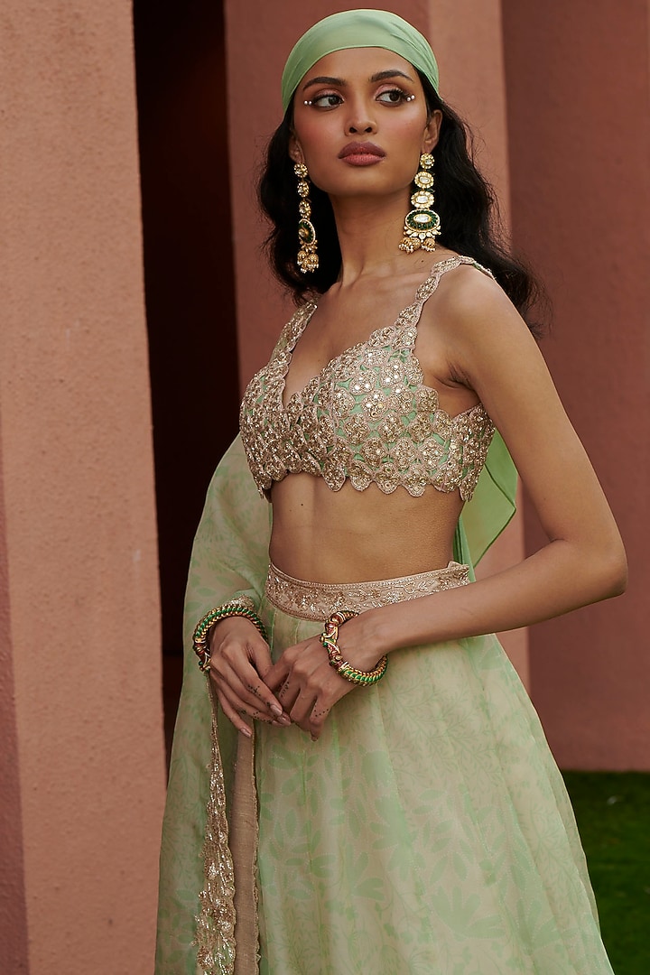 Sand & Mint Green Hand Embroidered Wedding Lehenga Set by Arpita Mehta at Pernia's Pop Up Shop