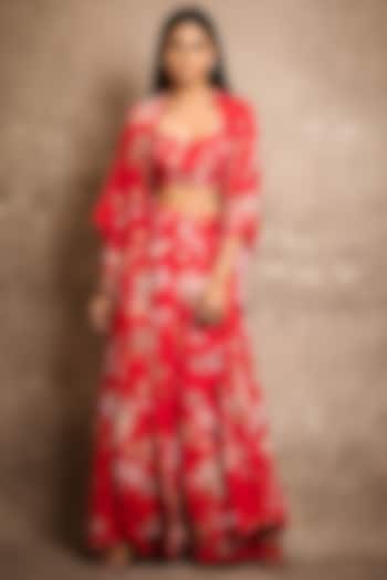 Red Floral Printed Cape Set by Arpita Mehta