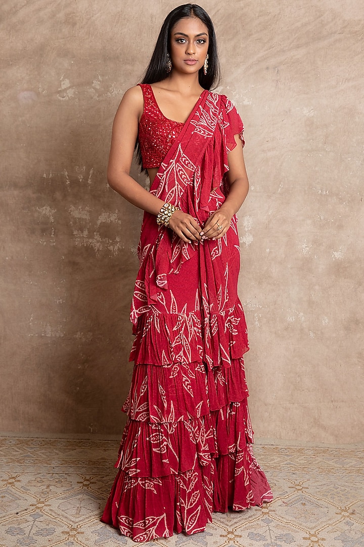 Red Printed Ruffled Saree Set by Arpita Mehta