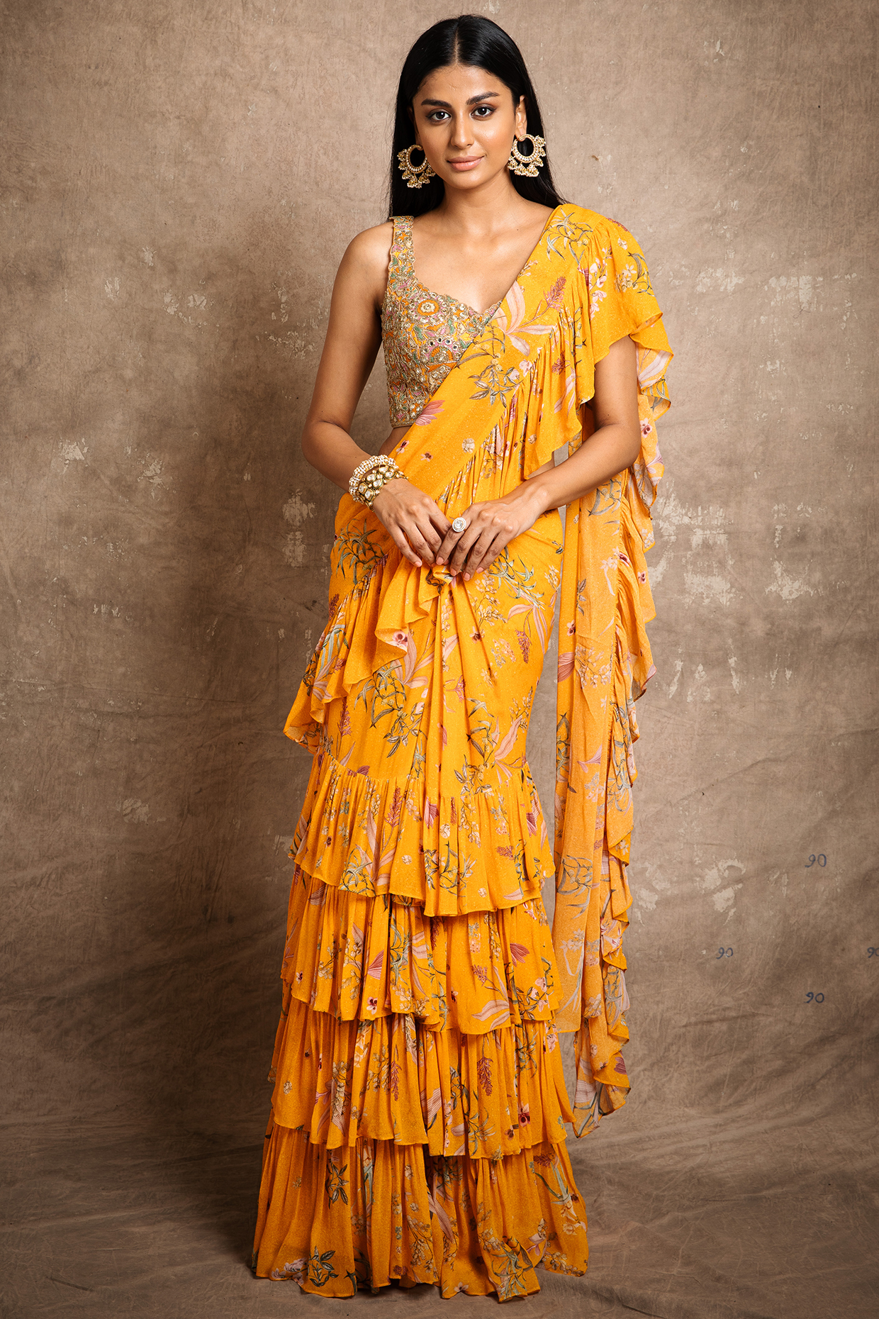 Yellow Floral Printed Ruffled Wedding Saree Set by Arpita Mehta at Pernia's Pop Up Shop
