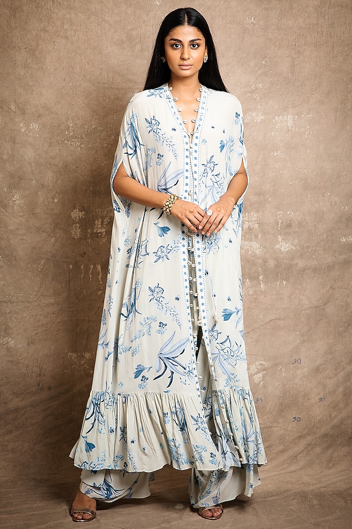 Off-White Floral Printed Cape Set by Arpita Mehta