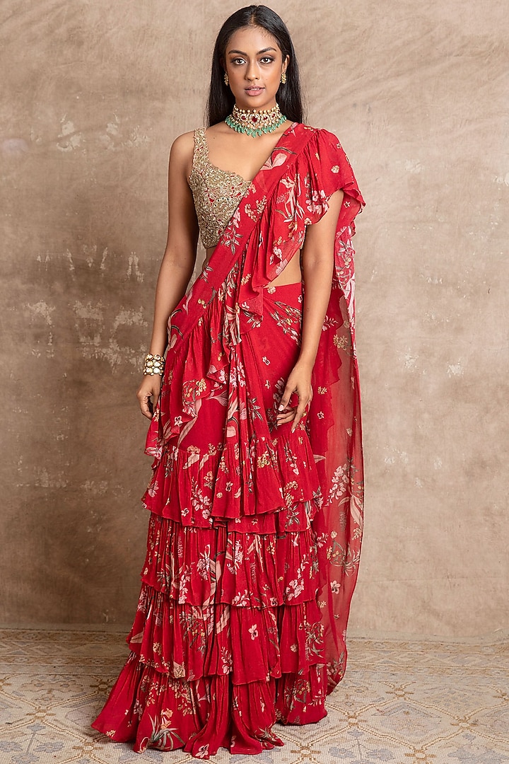 Red Georgette Ruffled Saree Set by Arpita Mehta