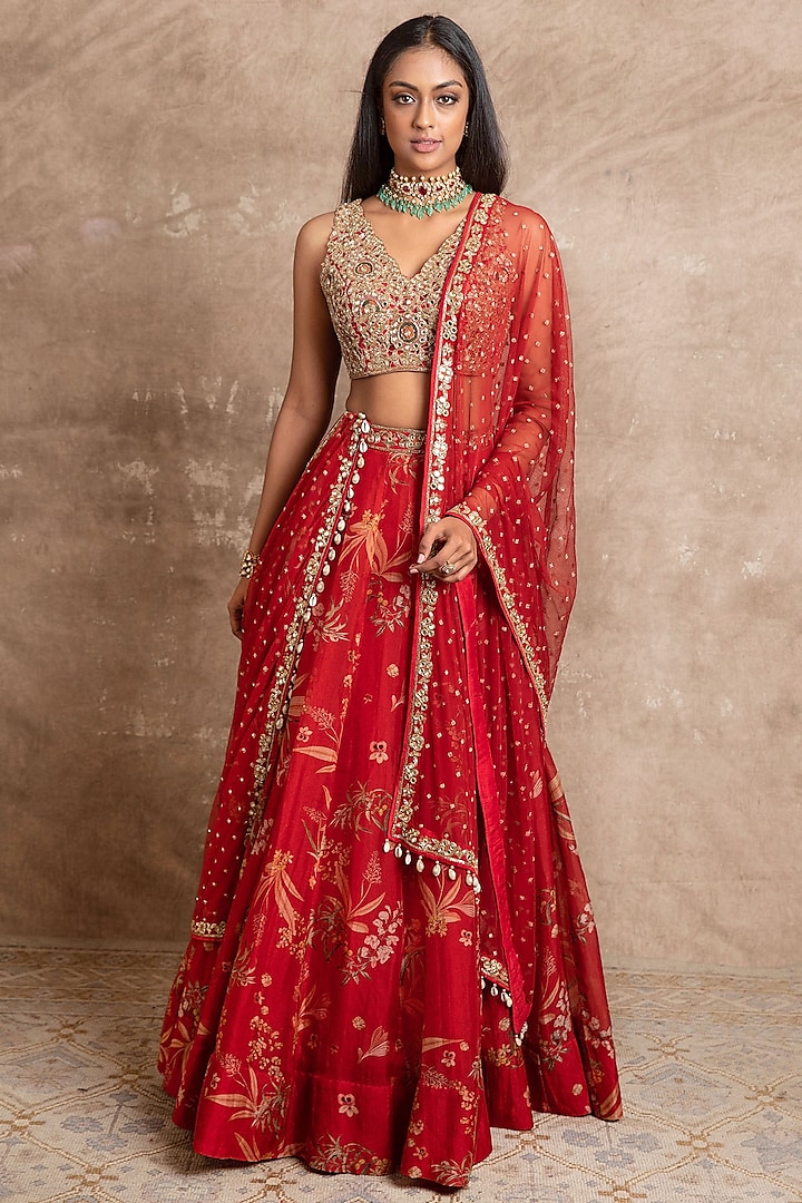 Red Organza Printed Lehenga Set by Arpita Mehta