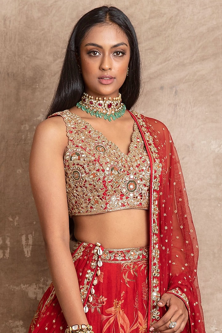 Red Organza Printed Wedding Lehenga Set by Arpita Mehta at Pernia's Pop Up Shop