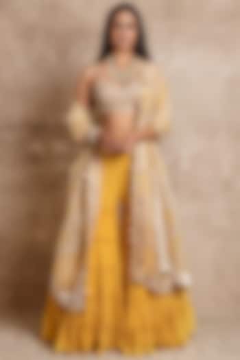 Yellow Georgette Tiered Sharara Set by Arpita Mehta