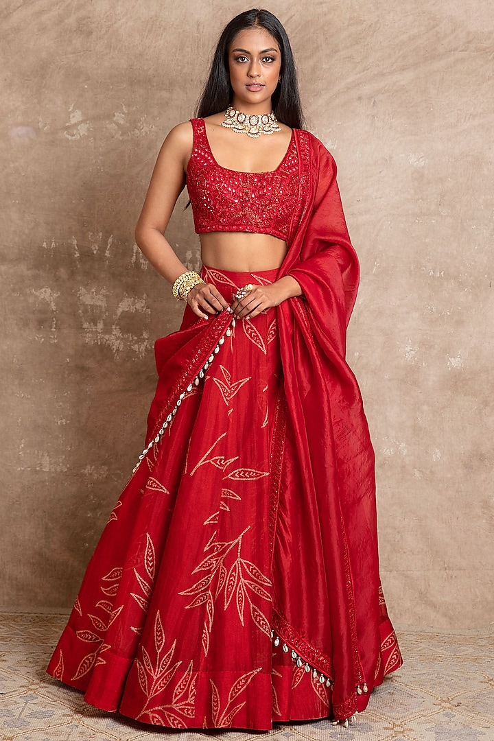 Red Hand Embroidered Lehenga Set by Arpita Mehta