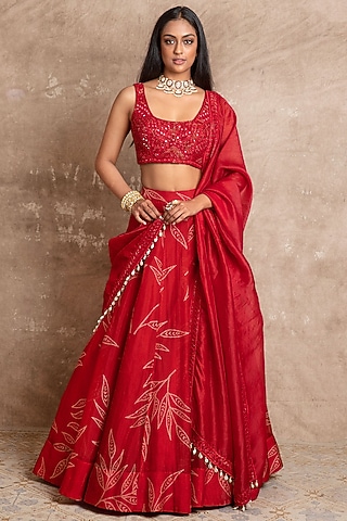 Red Hand Embroidered Lehenga Set by Arpita Mehta