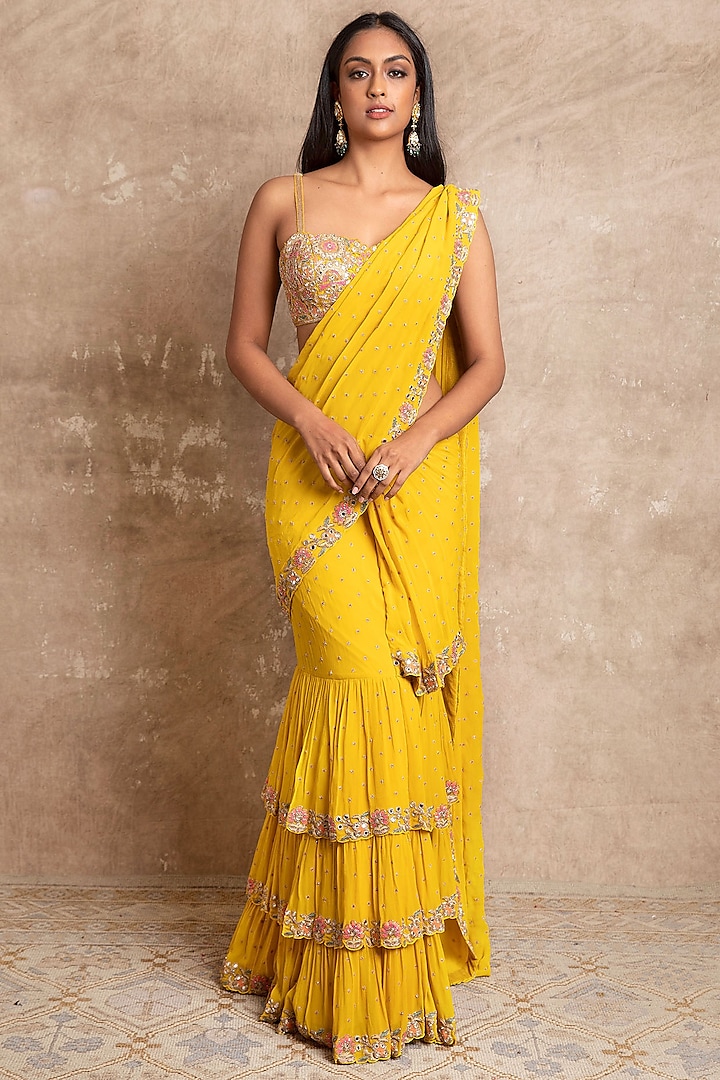 Yellow Embroidered Tiered Saree Set by Arpita Mehta