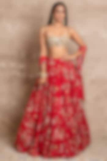 Red Floral Printed Tiered Lehenga Set by Arpita Mehta