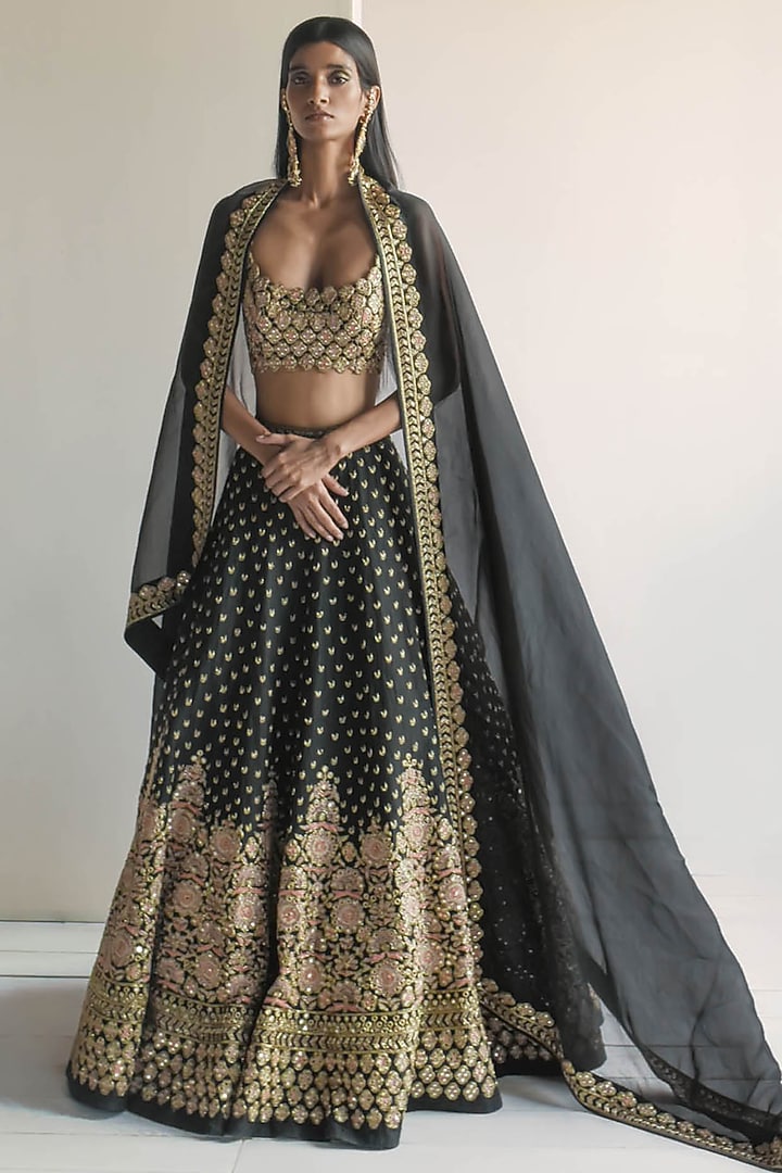 Black Organza Hand Embroidered Bridal Lehenga Set by Arpita Mehta at Pernia's Pop Up Shop