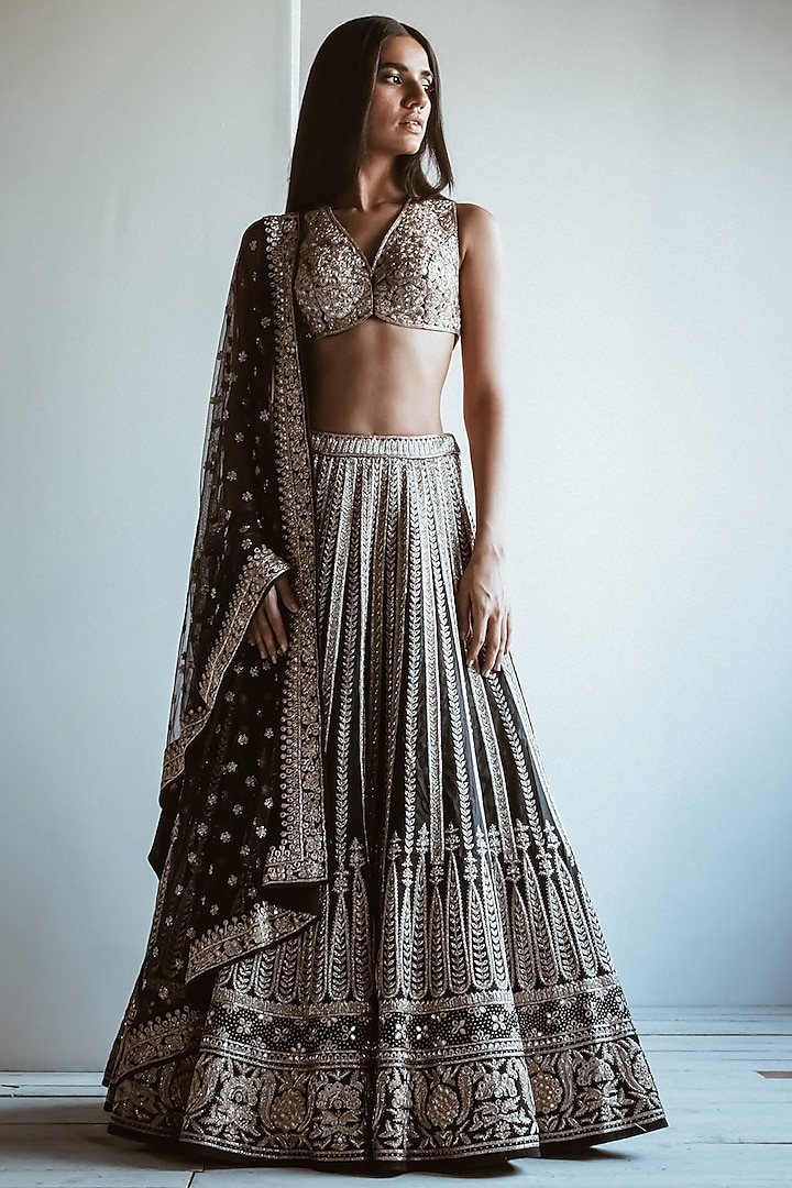 Black & Beige Organza Hand Embroidered Bridal Lehenga Set by Arpita Mehta at Pernia's Pop Up Shop