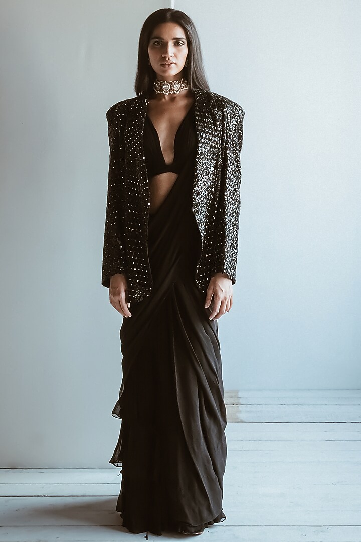 Black Georgette Ruffled Jacket Bridal Saree Set by Arpita Mehta at Pernia's Pop Up Shop