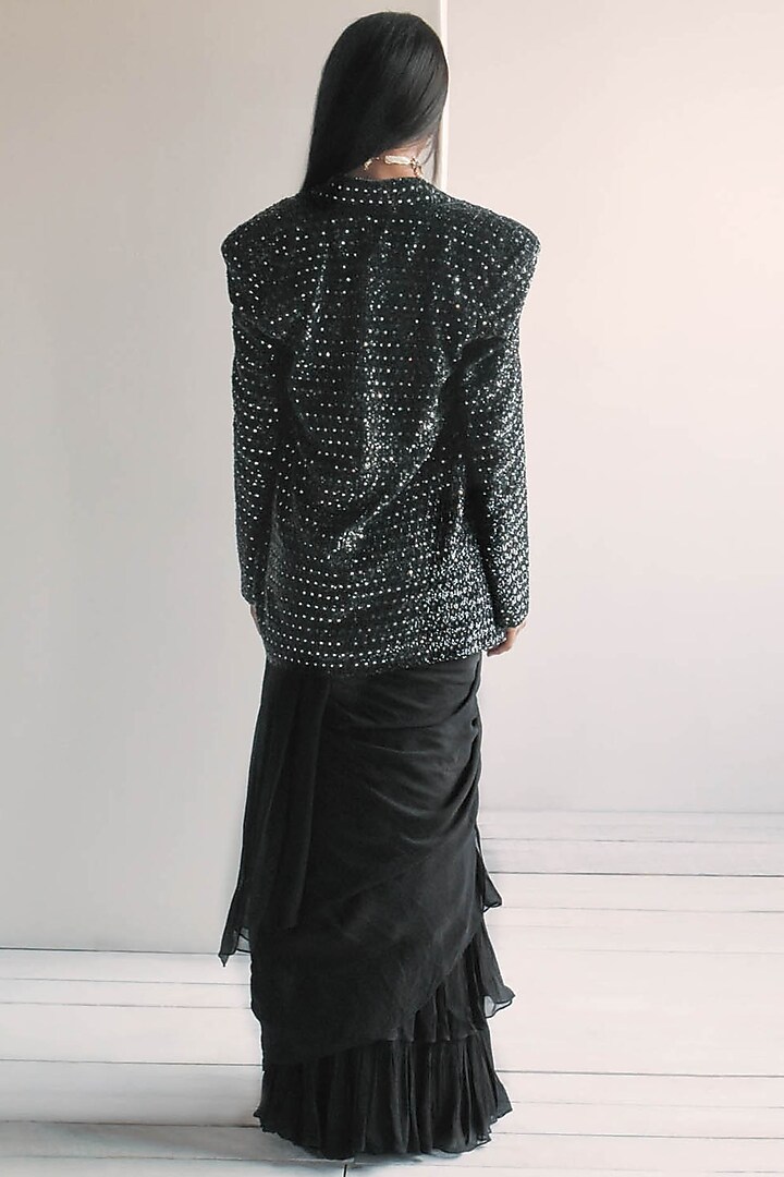 Black Georgette Ruffled Jacket Bridal Saree Set by Arpita Mehta at Pernia's Pop Up Shop