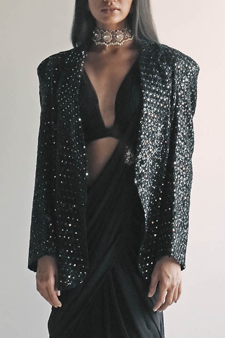 Black Georgette Ruffled Jacket Bridal Saree Set by Arpita Mehta at Pernia's Pop Up Shop