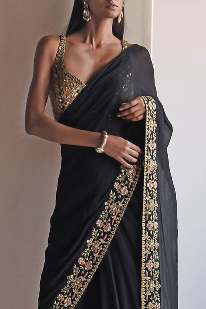 Black Georgette Hand Embroidered Reception Saree Set by Arpita Mehta at Pernia's Pop Up Shop